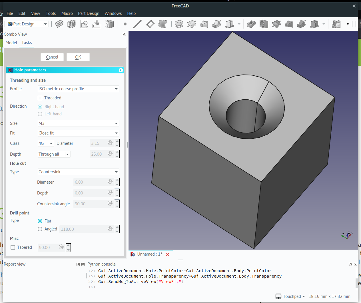 Part Design Hole tool